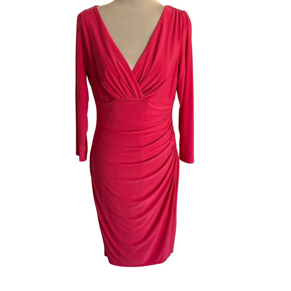 Ralph Lauren Faux Wrap Ruched Bodycon Stretch Dress Bombshell Pinup Retro Glam